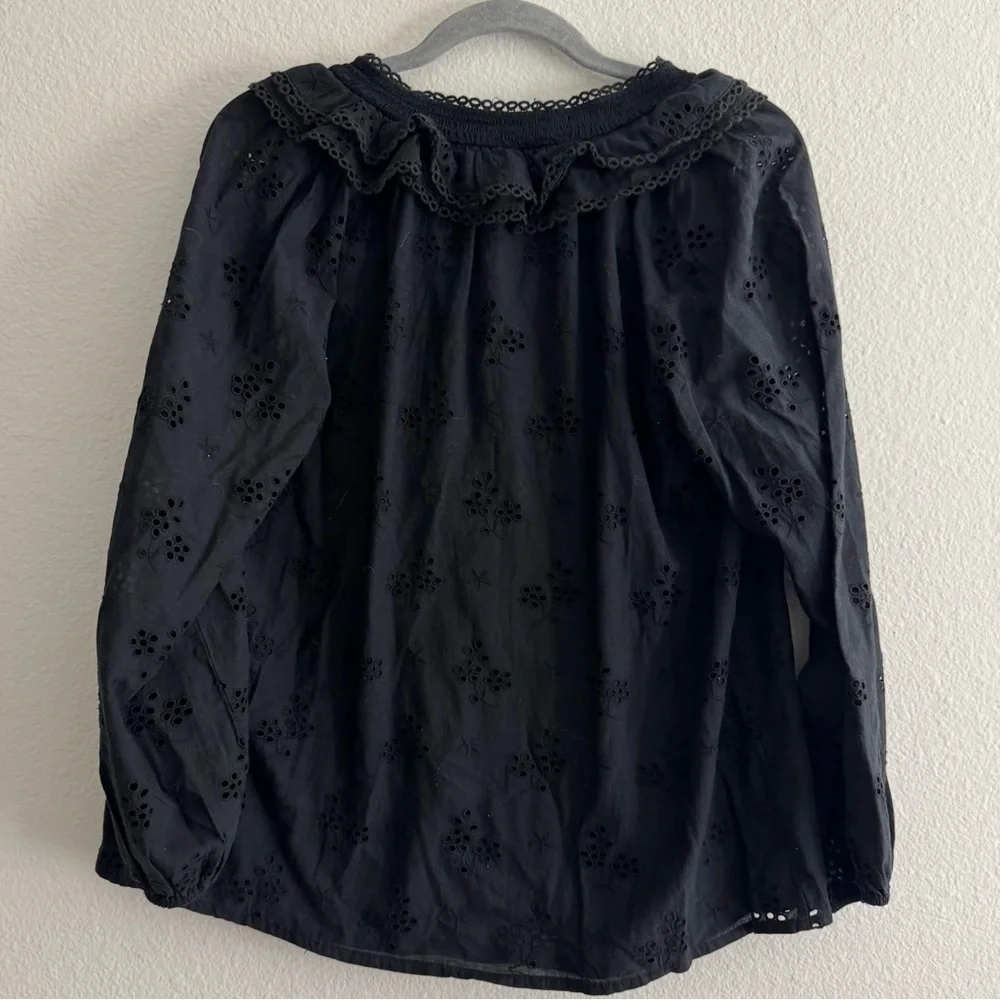 J.Crew Women’s Black Eyelet Peasant/Ruffle Collar Button Down Blouse Top